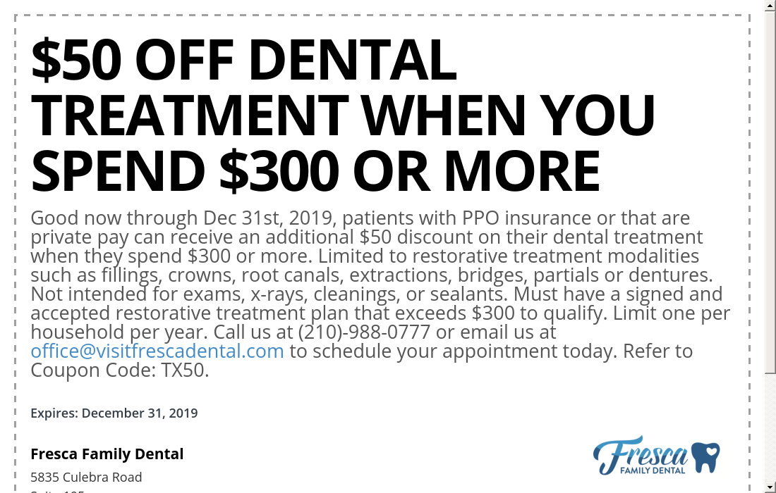Fresca Family Dental coupon 50 off dental treatment wh... Couponler