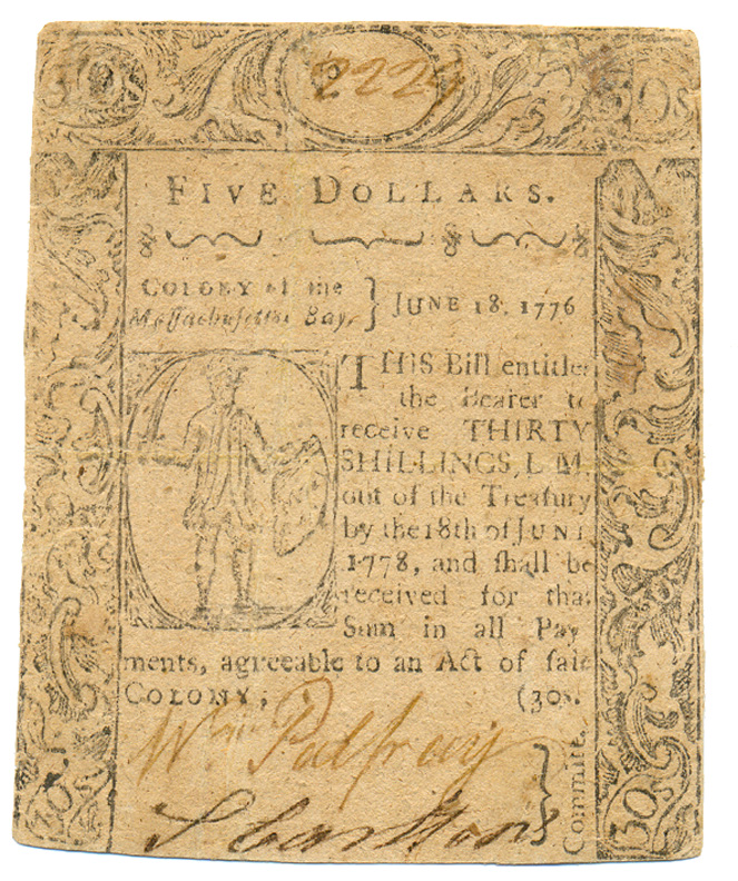 Colonial Currency,MA,1776 "Sword in Hand" Issue