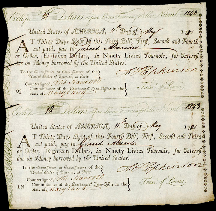 Francis Hopkinson, Maryland, Signed 1781 Rev. War Loans