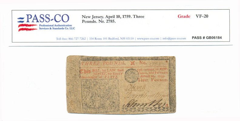 Colonial Currency, NJ, 4/10/1759, £3, PASS-CO Graded