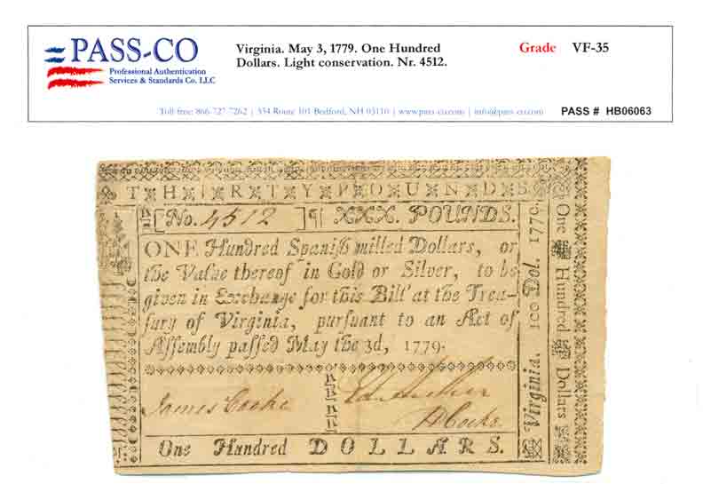 Colonial Currency, VA, 5/3/1779, $100, PASS-CO Graded