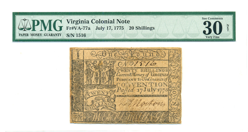Colonial Currency, VA, 7/17/1775, 20s, PMG Graded