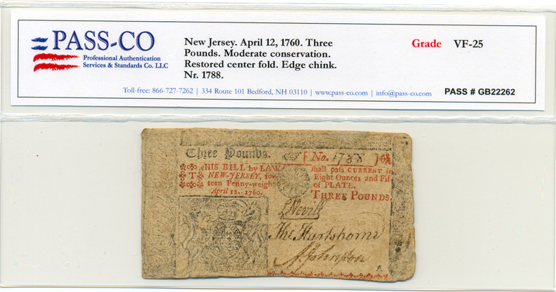 Colonial Currency, NJ, 4/12/1760, £3, PASS-CO Graded