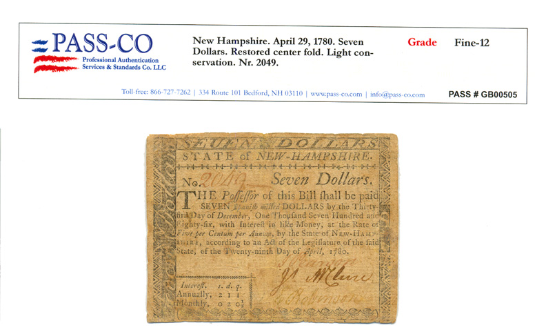 Colonial Currency,NH, 4/29/2780,PASSCO GRADED, NO RES!
