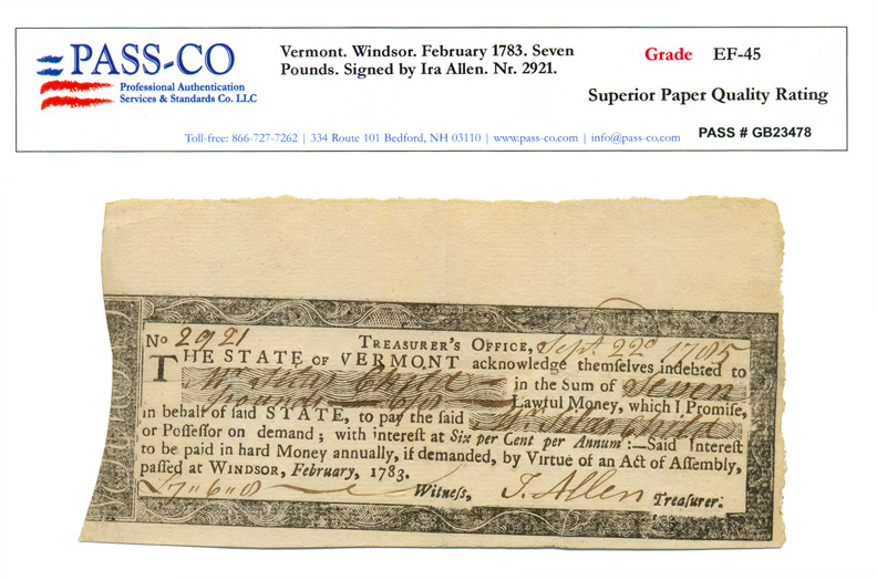 Colonial Currency-Rare 1785 VT Note £7 PASS-CO Graded