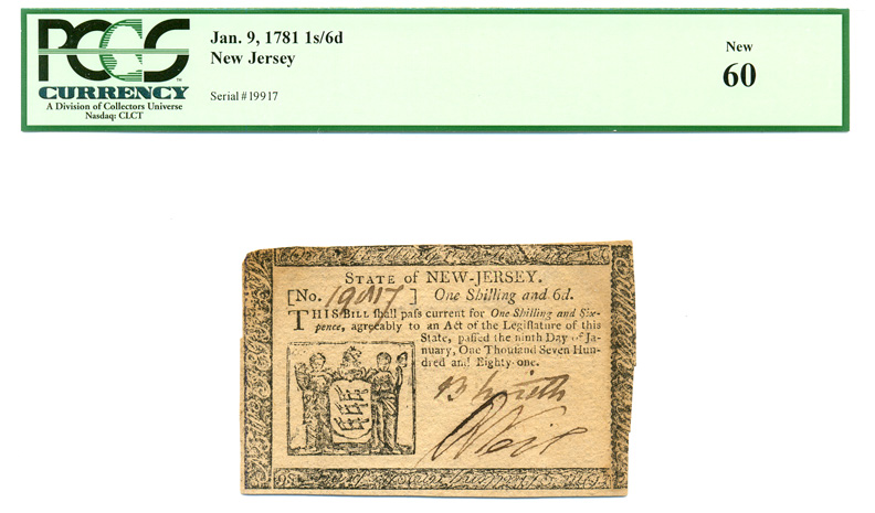 Colonial Currency, Unc. NJ 1s/6d,1/9/1781 PCGS NO RES!