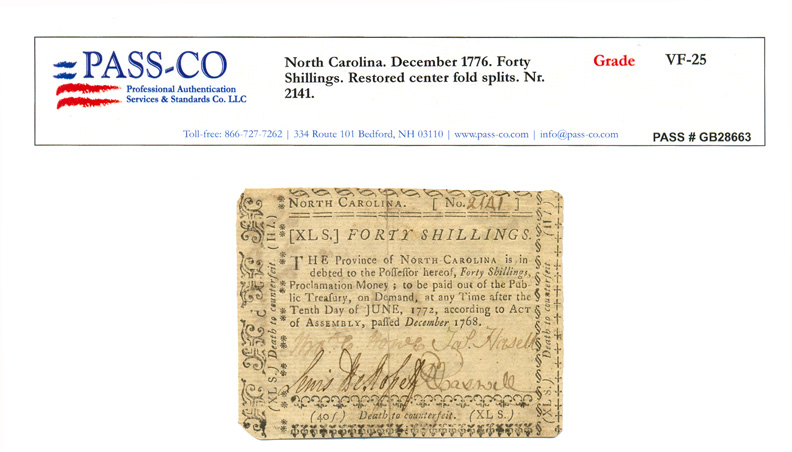 Colonial Currency, NC, 12/1768, 40s, PASS-CO Graded