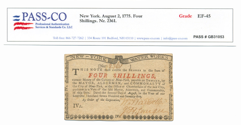 Colonial Currency, NY, 8/2/1775, 4s, PASS-CO Graded