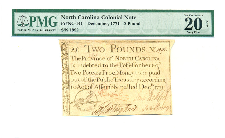 Colonial Currency, NC, December, 1771, £2, PMG Graded