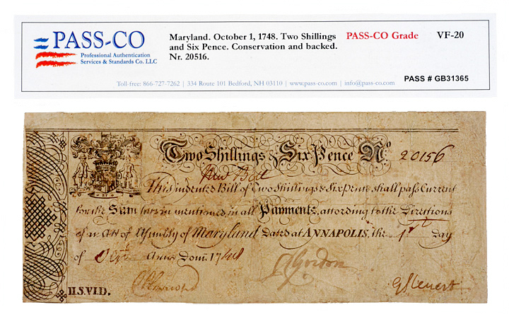 Colonial Currency-MD-10/1/1748-PASS-CO Graded