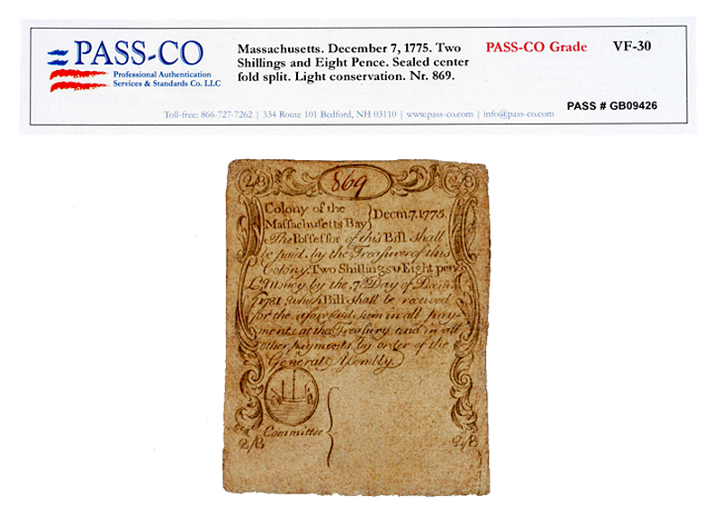 Colonial Currency,1775-MA-SWORD IN HAND-PASS-CO Graded