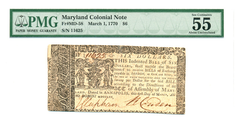 Colonial Currency, MD, 3/1/1770, $6, PMG Graded