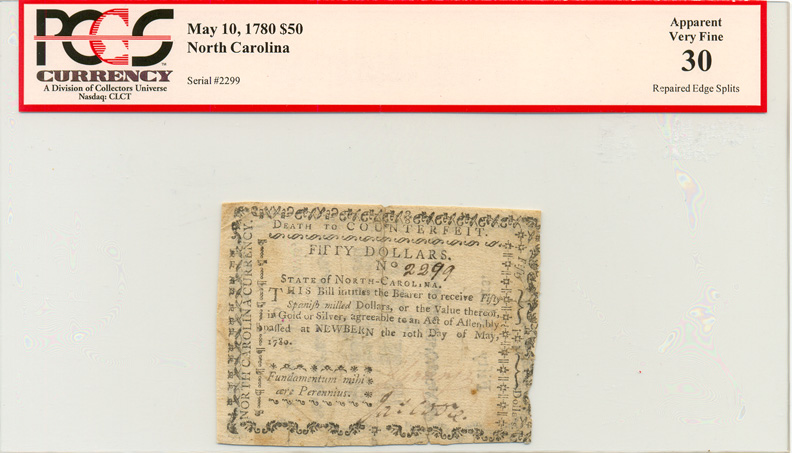 Colonial Currency, NC, 5/10/1780, $50, PCGS Graded