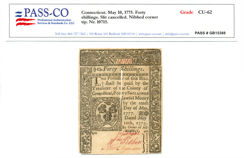 Colonial Currency, CT,5/10/1775, 40s, PASS-CO Graded