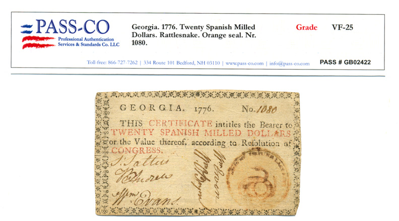 Colonial Currency,GA,1776 Orange Rattlesnake PASS-CO Gr