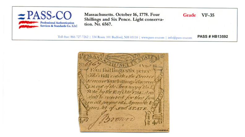 Colonial Currency, MA, 10/16/1778, 4s6d, PASS-CO Graded