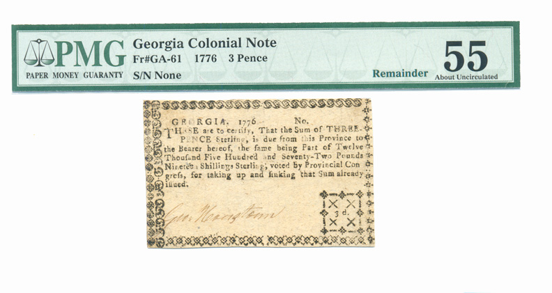 Colonial Currency, GA, 1776, 3d, PMG Graded