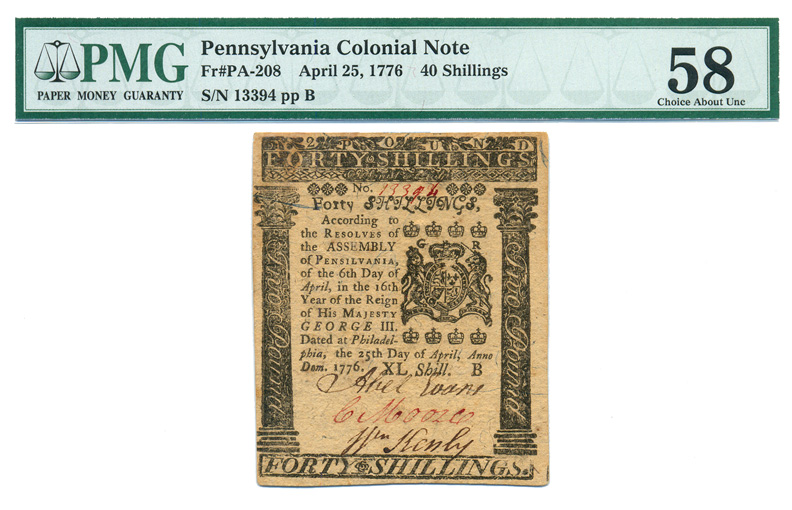 Colonial Currency, PA, 4/25/1776, 40s, PMG Graded