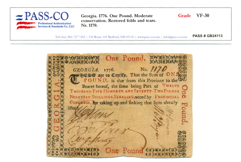 Colonial Currency,GA, 1776, £1, PASS-CO Graded VF-30
