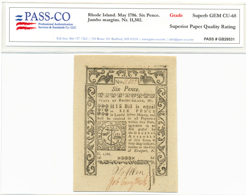 Colonial Currency, RI, 5/1786 6p, PASS-CO Graded