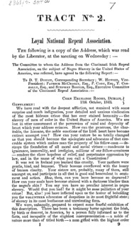 Loyal National Repeal Association : the following is a copy of the address, which was read by the Liberator, at the meeting on Wednesday : the Committee to whom the address from the Cincinnati Irish Repeal Association, on the subject of Negro slavery in the United States of America, was referred, have agreed to the following report ....
