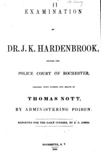 Examination of Dr. J.K. Hardenbrook, before the Police Court of Rochester : charged with causing the death of Thomas Nott, by administering poison