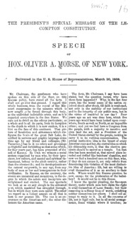 The President's special message on the Lecompton constitution : speech of Hon. Oliver A. Morse, of New York. Delivered in the House of Representatives, March 20, 1858.