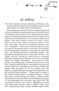 An appeal to those members of the Society of Friends who, knowing the principles of the abolitionists, stand aloof from the anti-slavery enterprise.