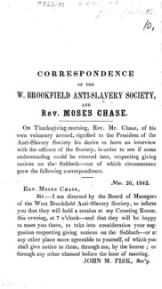 Correspondence of the W. Brookfield Anti-Slavery Society, and Rev. Moses Chase.