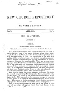 New Church repository, and monthly review. Devoted to the exposition of the philosophy and theology taught in the writings of Emanuel Swedenborg.