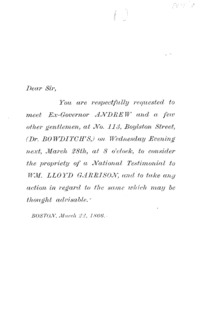 [Invitation to a national testimonial to William Lloyd Garrison]