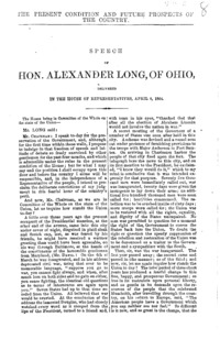 The present condition and future prospects of the country : speech of Hon. Alexander Long, of Ohio, delivered in the House of Representatives, April 8, 1864.