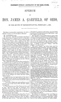 Freedmen's Bureau, restoration of the rebel states : speech of Hon. James A. Garfield of Ohio, in the House of Representatives, February 1, 1866.