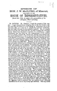 Speech of Hon. J. W. McClurg, of Missouri : delivered in the House of Representatives, March 9, 1864, in reply to the personalities of his colleagues, Blair and King.