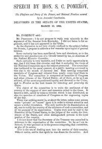 Speech by Hon. S.C. Pomeroy, on the platform and party of the future, and national freedom secured by an amended Constitution. Delivered in the Senate of the United States, March 10, 1864.
