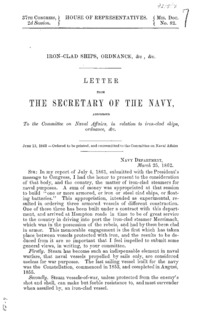 Iron-clad ships, ordnance, &c., &c. : letter from the Secretary of the Navy, addressed to the Committee on Naval Affairs, in relation to iron-clad ships, ordnance, & c.