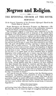 Negroes and religion : The Episcopal Church at the South : memorial to the general convention of the Protestant Episcopal Church in the United States of America.