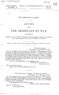Letter from the Secretary of War, in answer to resolution of the House of December 20 : transmitting records and testimony of the court-martial in the trial of the Hon. B.G. Harris.