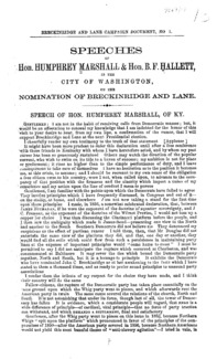 Speeches of Hon. Humphrey Marshall & Hon. B.F. Hallett, in the city of Washington, on the nomination of Breckinridge and Lane.