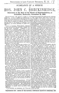 Substance of a speech by Hon. John C. Breckinridge : delivered in the hall of the House of Representatives, at Frankfort, Kentucky, December 21, 1859.