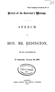 Review of the Governor's message : speech of Hon. Mr. Redington, of St. Lawrence, in Assembly, January 20, 1864.