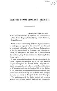 Letter from Horace Binney... To the general committee of invitation and correspondence of the Union league of Philadelphia...