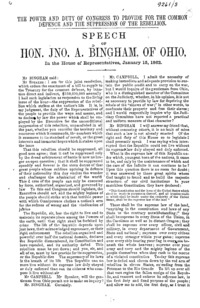 The power and duty of Congress to provide for the common defence and the suppression of the rebellion : speech of Hon. Jno. A. Bingham, of Ohio, in the House of Representatives, January 15, 1862.
