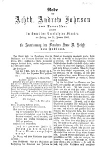 Rede des achtb. Andrew Johnson von Tennessee : gehalten im Senat der Vereinigten Staaten am Freitag, den 31. Januar 1862 : èuber die Ausstossung des Senators Jesse D. Bright von Indiana.