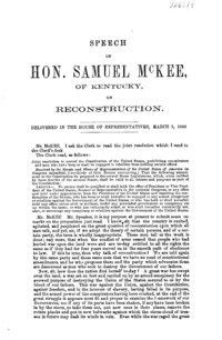 Speech of Hon. Samuel McKee, of Kentucky, on reconstruction : delivered in the House of Representatives, March 3, 1866.