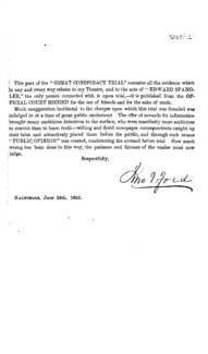 Testimony for prosecution and defence in the case of Edward Spangler : tried for conspiracy to murder the President, before a military commission, of which Major-General Hunter was president, Washington, D.C., May and June, 1865 : Thomas Ewing, Jr., counsel for the accused.