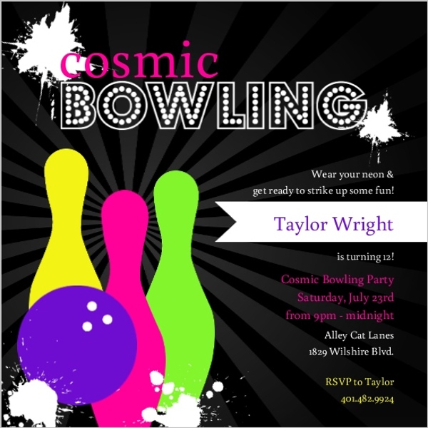 Neon Cosmic Night Out Bowling Birthday Invitation | Bowling Birthday ...