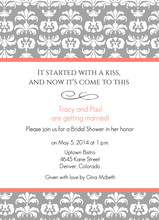 Grey Damask With Coral Stripes Bridal Shower Invitation