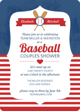Blue and Red Striped Baseball Couples Shower Invitation