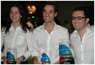 Winner of the 2008 Australian Barista Championships – David Makin [right], runner-up – Con Haramabopoulos [middle] and third place – Jennifer Murray [left]